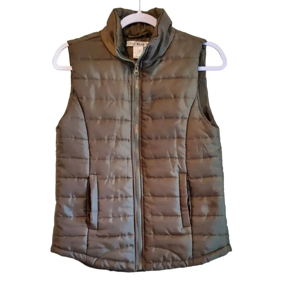 Say What ? Women's Size S / M Quilted Vest Olive Green Full Zip Pockets Bust 34